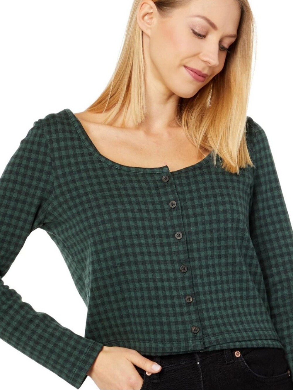 Madewell Dark Green Gingham Button-Front Scoop Neck Top
